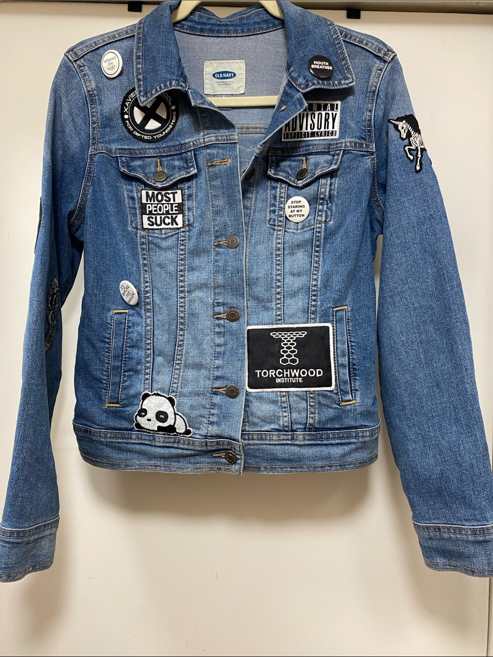 Old Navy Blue Denim Jacket with Black & White Patch Details